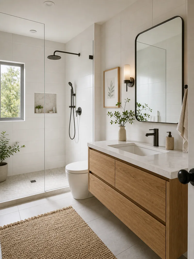 Compact modern bathroom with open shower and floating wood vanity