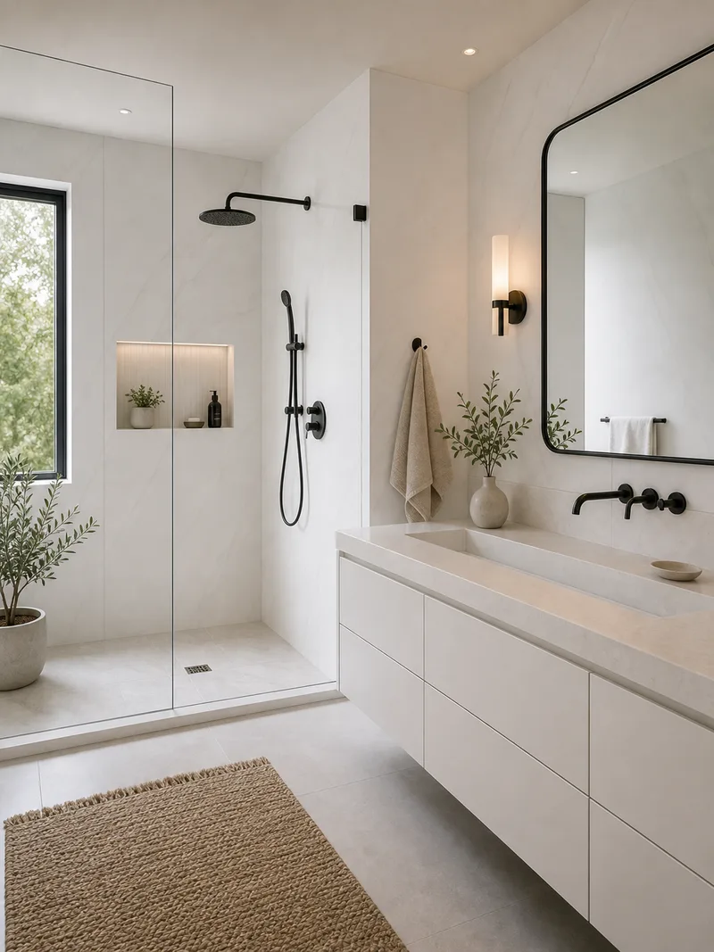 Modern large bathroom with white curbless shower and quartz counter