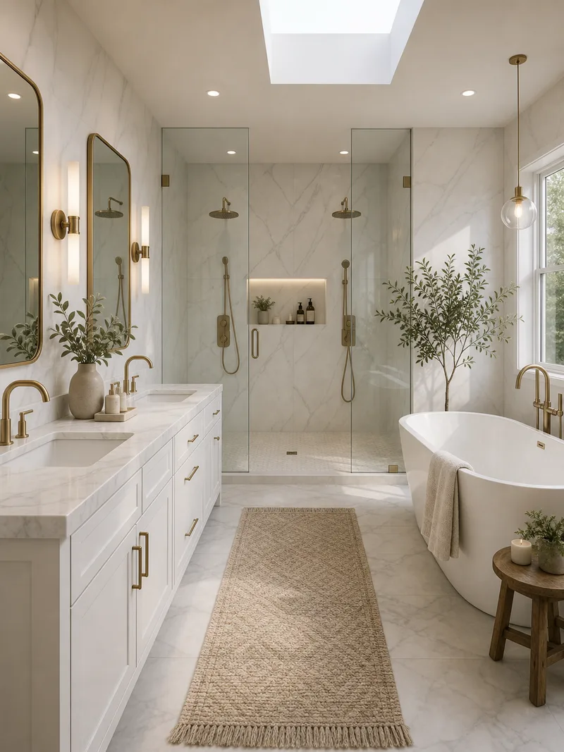 Large modern master bathroom with double shower and freestanding tub