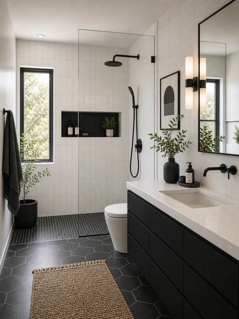 Modern black-and-white bathroom with curbless shower