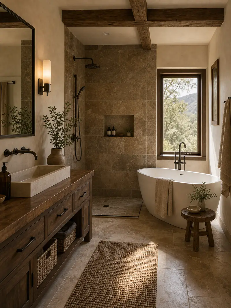 Rustic large bathroom with brown tile and freestanding tub