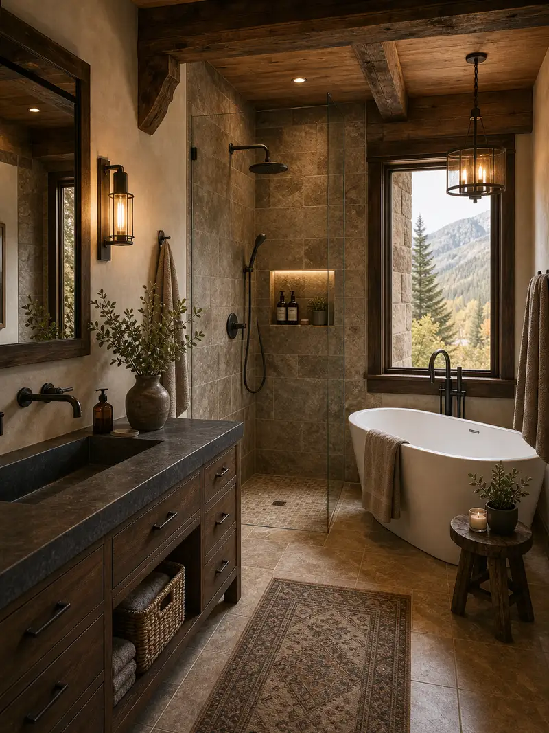 Rustic master bathroom with freestanding tub and soapstone counter