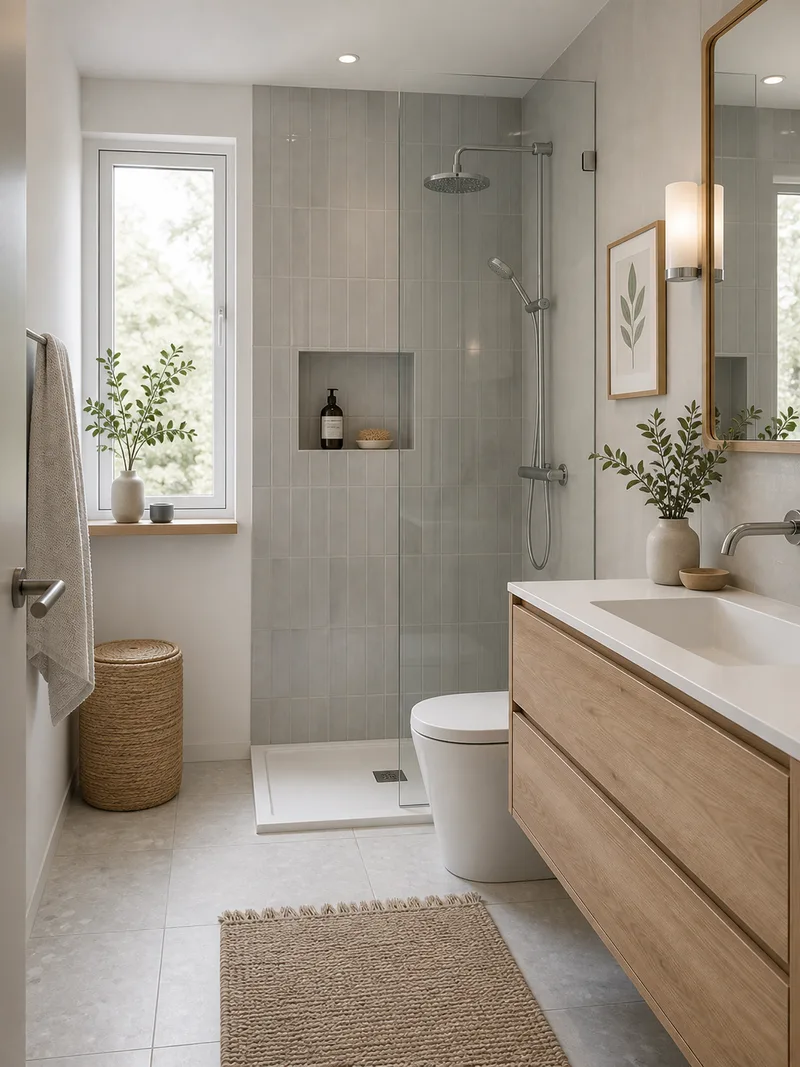 Compact Scandinavian bathroom with gray alcove shower tile