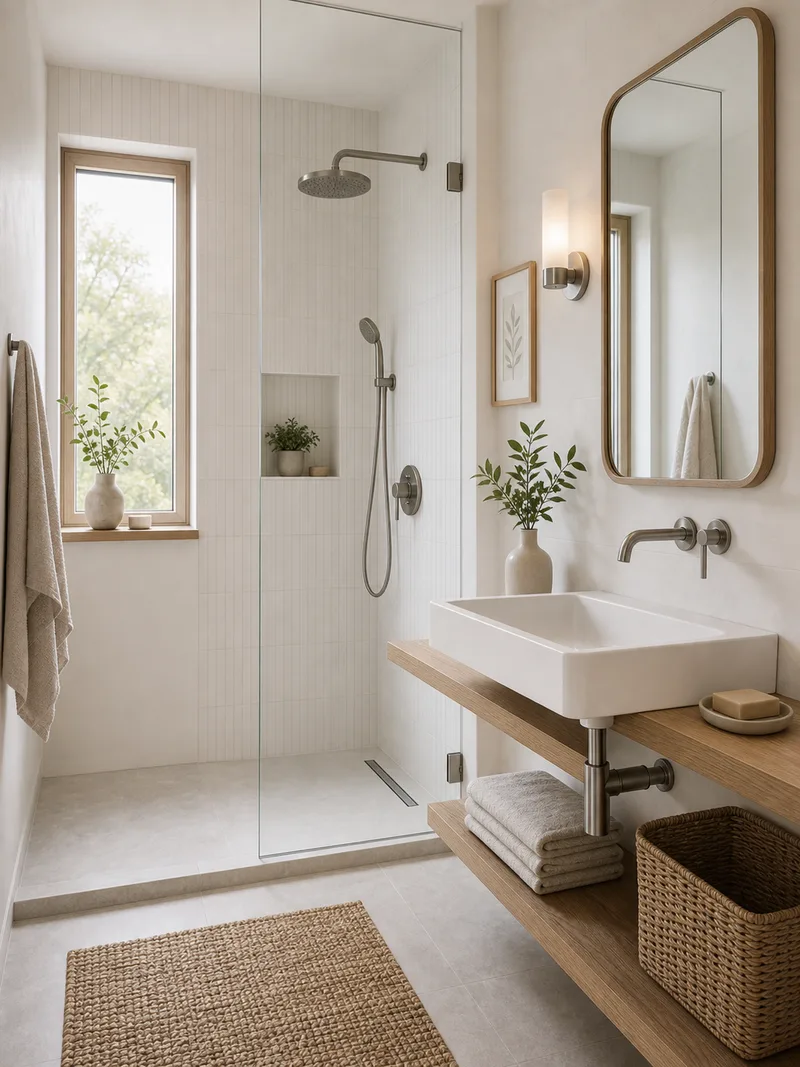 Scandinavian compact bathroom decor with white tile and wood shelf