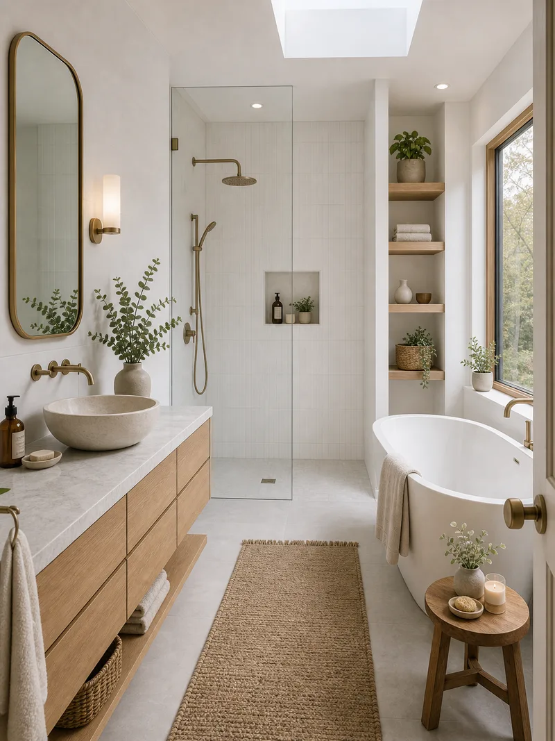 Scandinavian modern bathroom with curbless shower and wood vanity