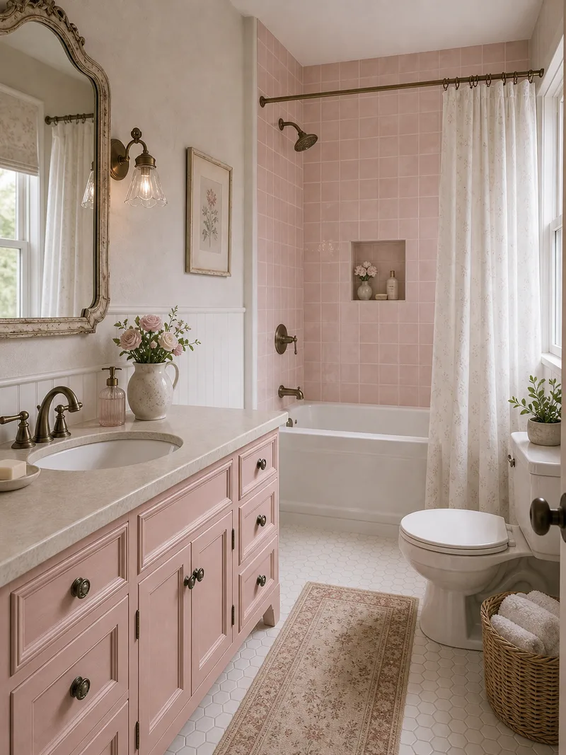 Shabby-chic bathroom with pink tile and tub shower combo