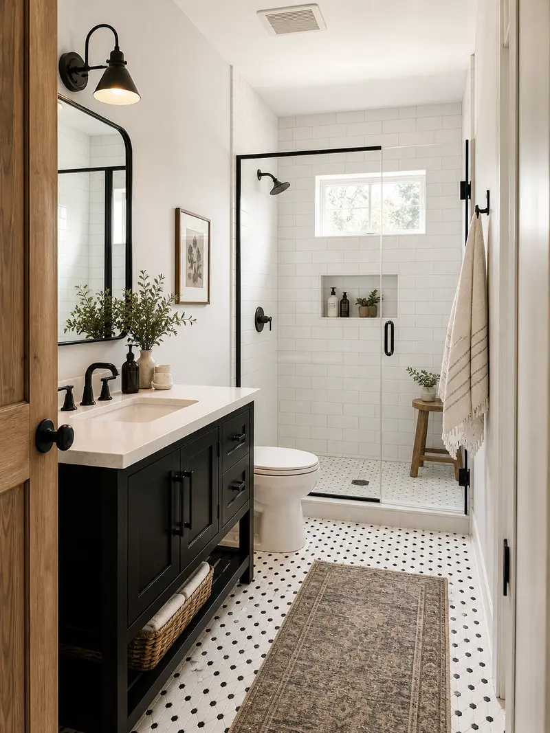 Farmhouse small bathroom with black and white palette and black vanity