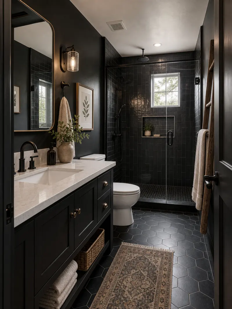 Farmhouse small bathroom with black palette and black vanity