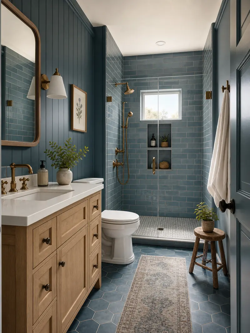 Farmhouse small bathroom with blue palette and light wood vanity