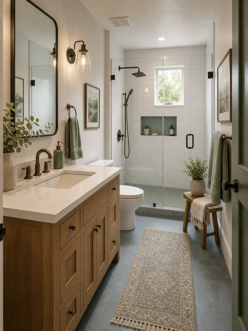 Farmhouse small bathroom with blue and green palette and light wood vanity