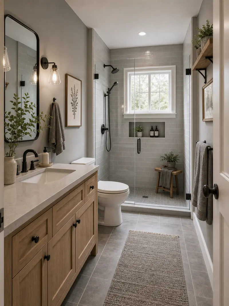 Farmhouse small bathroom with gray palette and light wood vanity