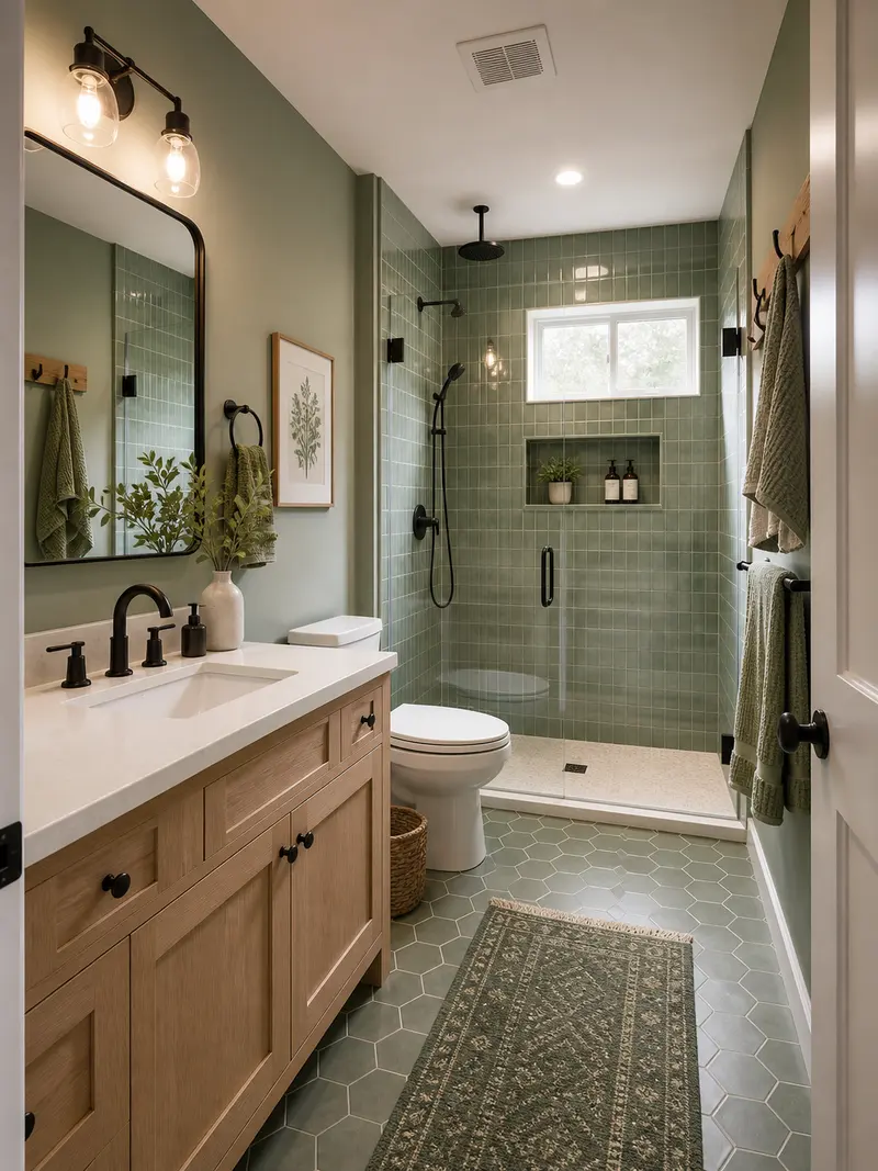 Farmhouse small bathroom with green palette and light wood vanity