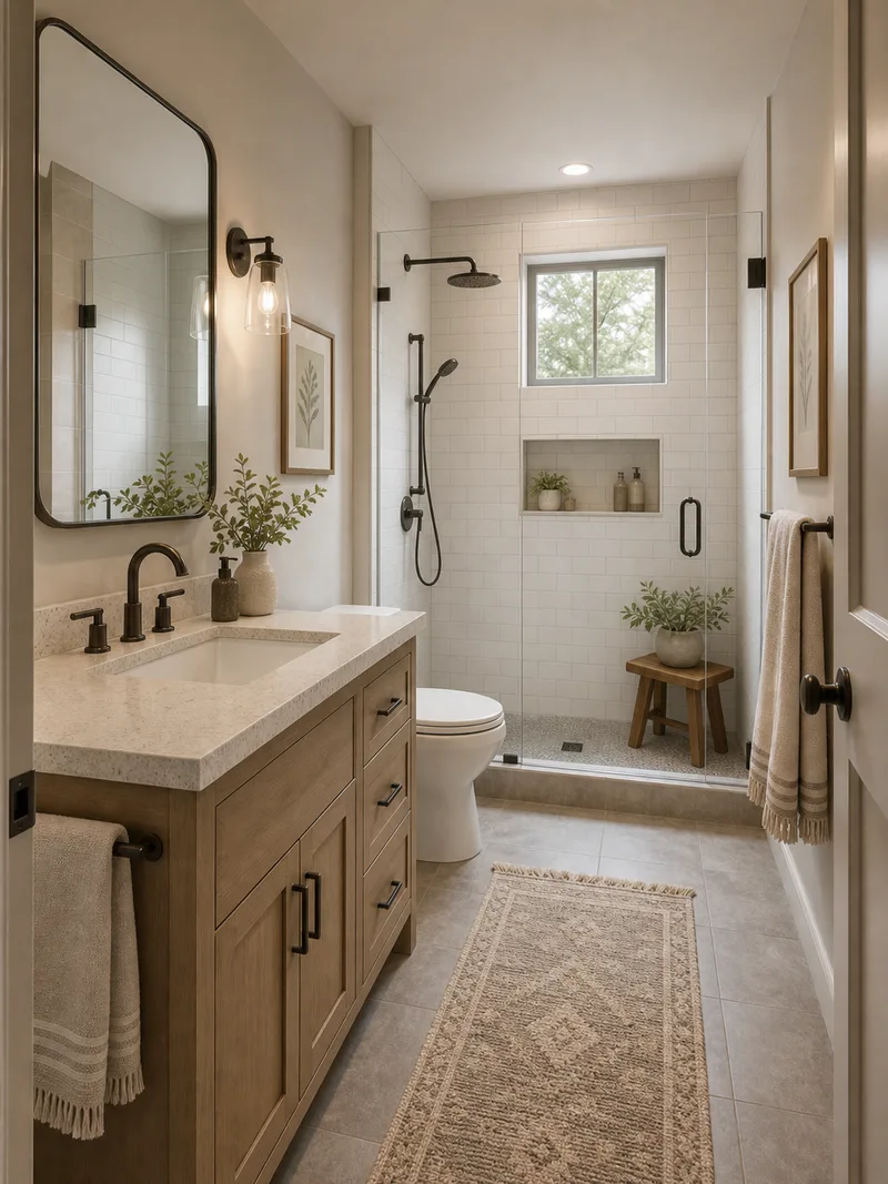 Farmhouse small bathroom with beige and gray palette and light wood vanity