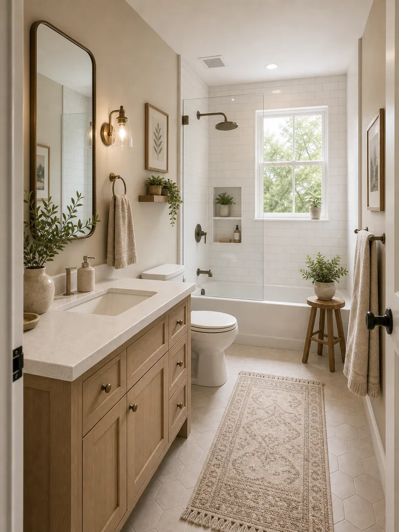 Farmhouse small bathroom with beige and white palette and light wood vanity
