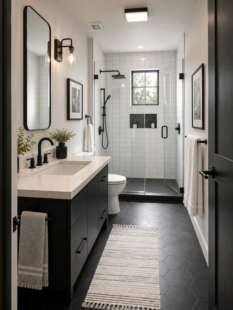 Modern small bathroom with black and white palette and black vanity