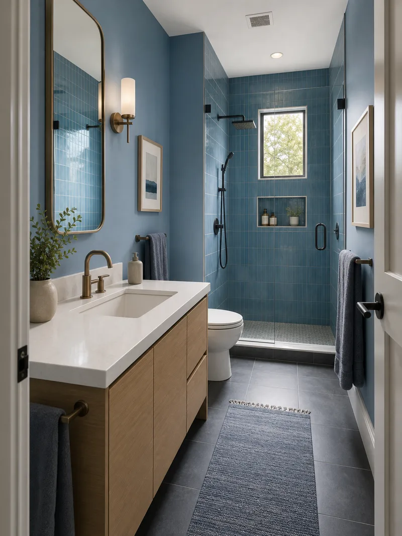 Modern small bathroom with blue palette and light wood vanity