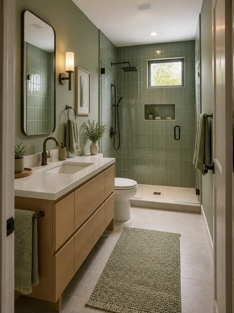 Modern small bathroom with green palette and light wood vanity