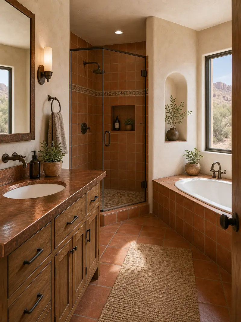 Southwestern compact bathroom with orange tile and copper counter
