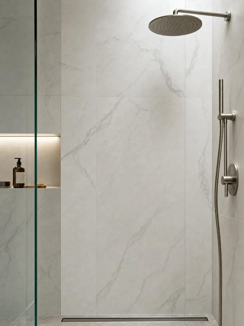 Large Format porcelain tile shower wall installation bathroom tile idea