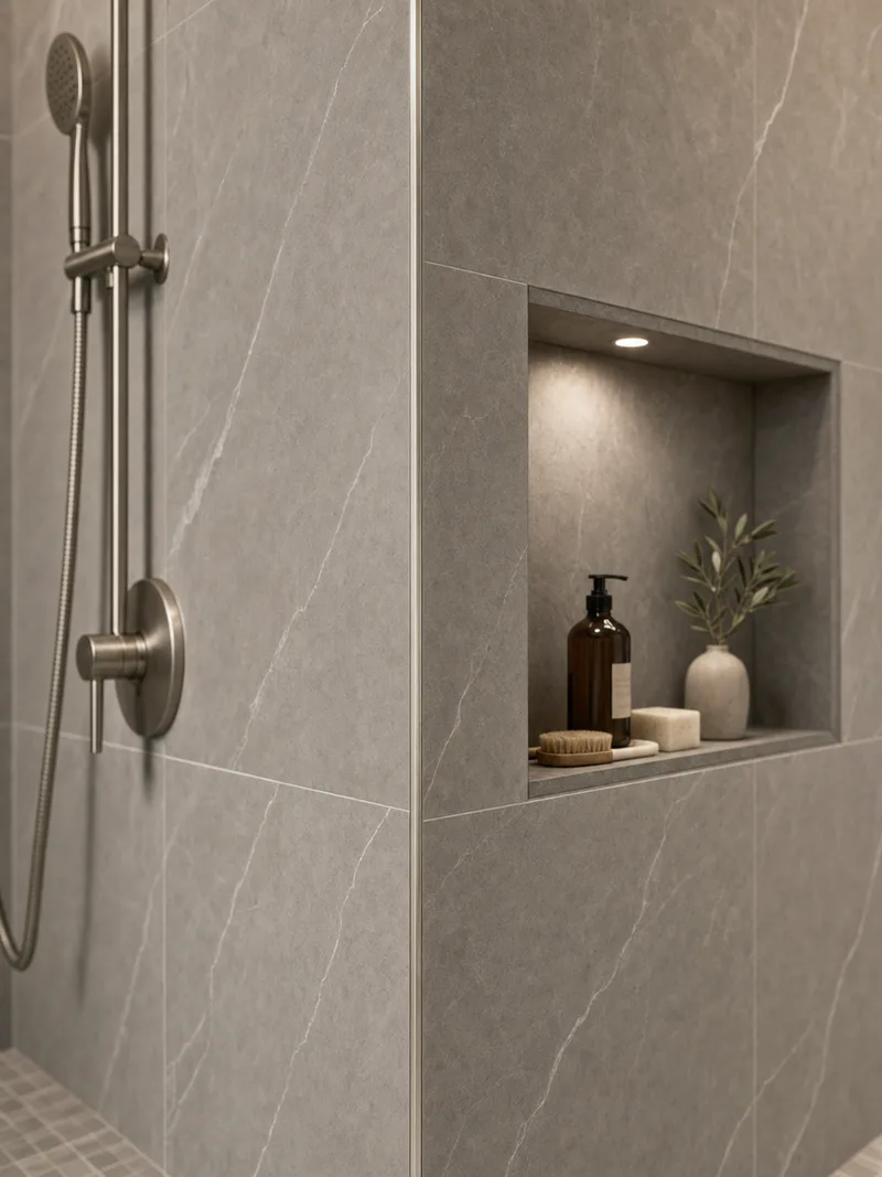 Large Format porcelain tile shower niche and corner trim bathroom tile idea