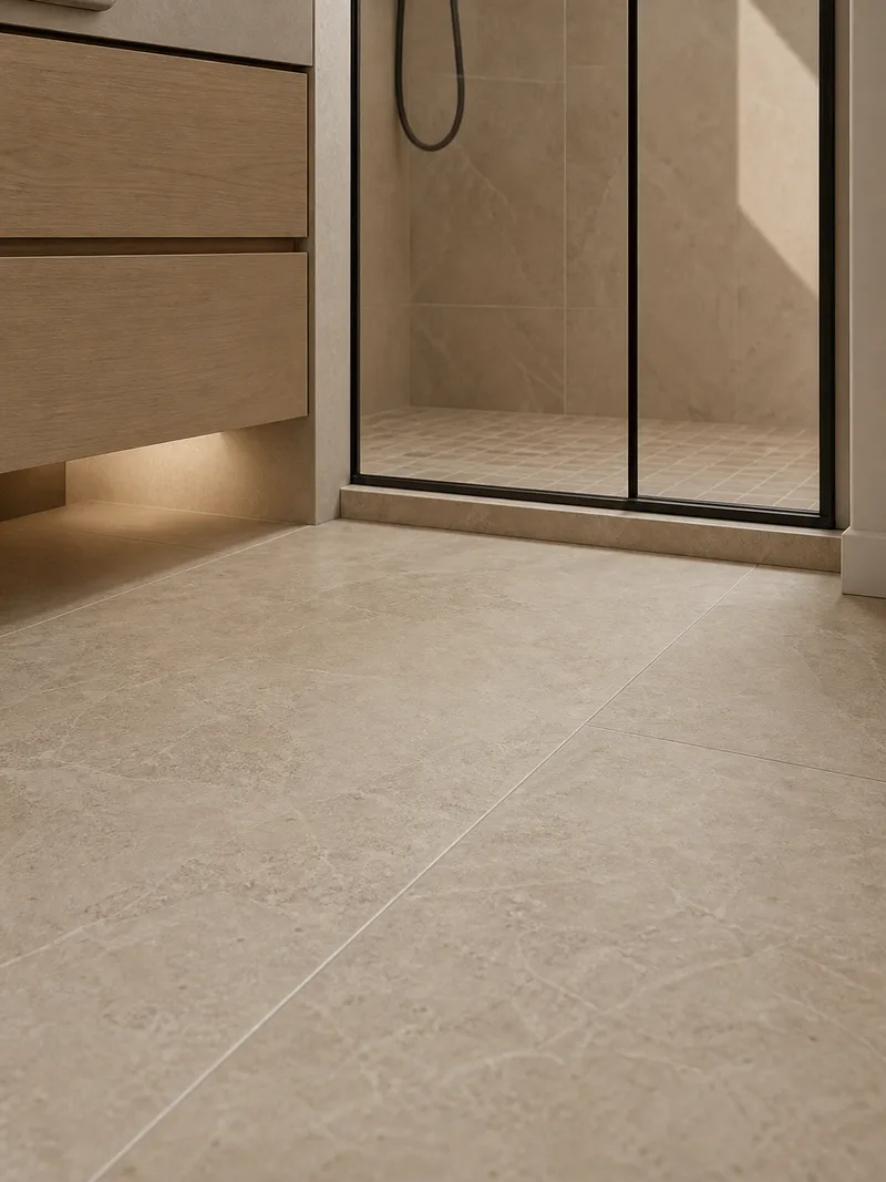 Large Format porcelain tile curbless shower floor threshold bathroom tile idea