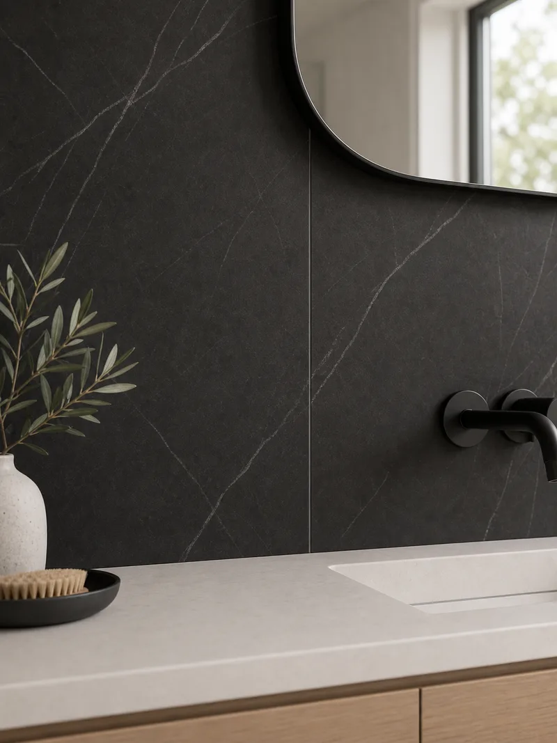 Large Format porcelain tile vanity backsplash bathroom tile idea