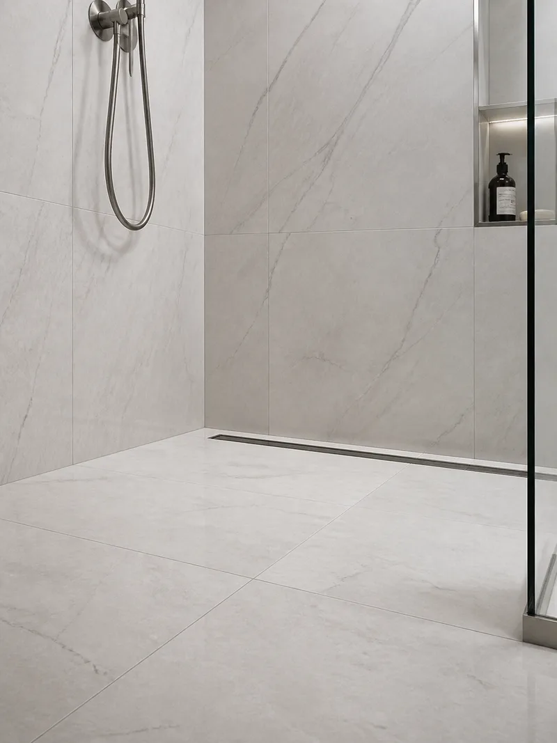Large Format porcelain tile wet Room floor To Wall transition bathroom tile idea