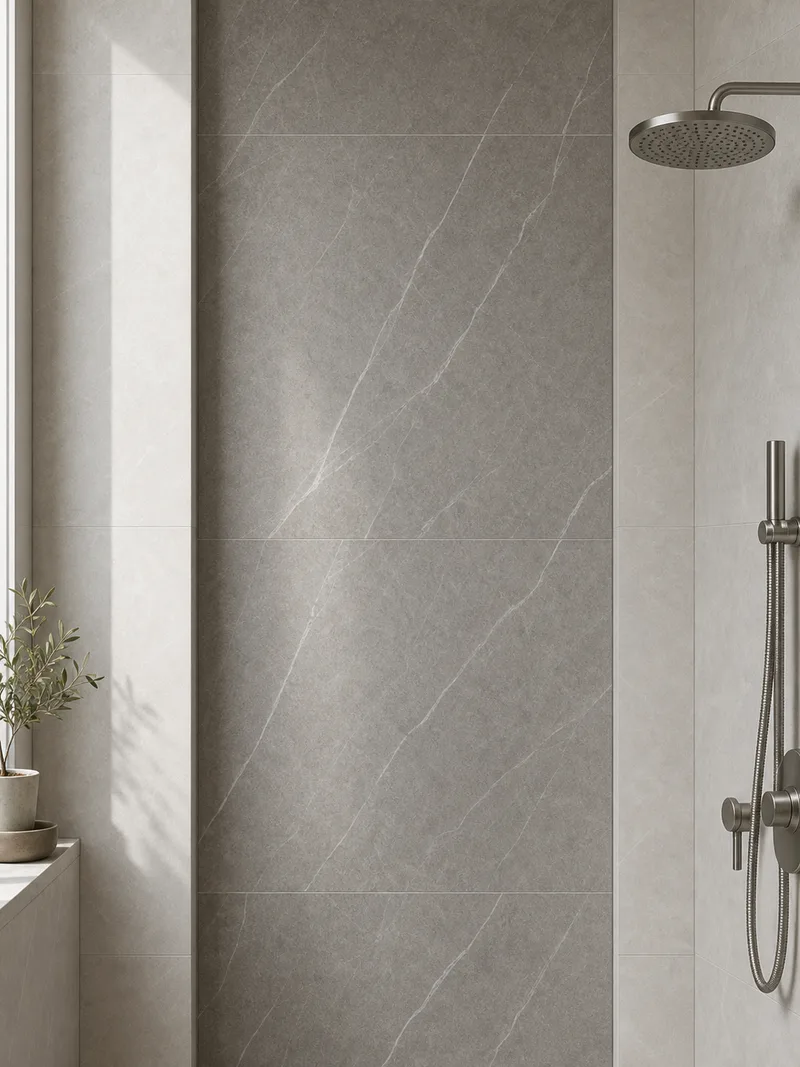 Large Format porcelain tile vertical accent tile panel bathroom tile idea