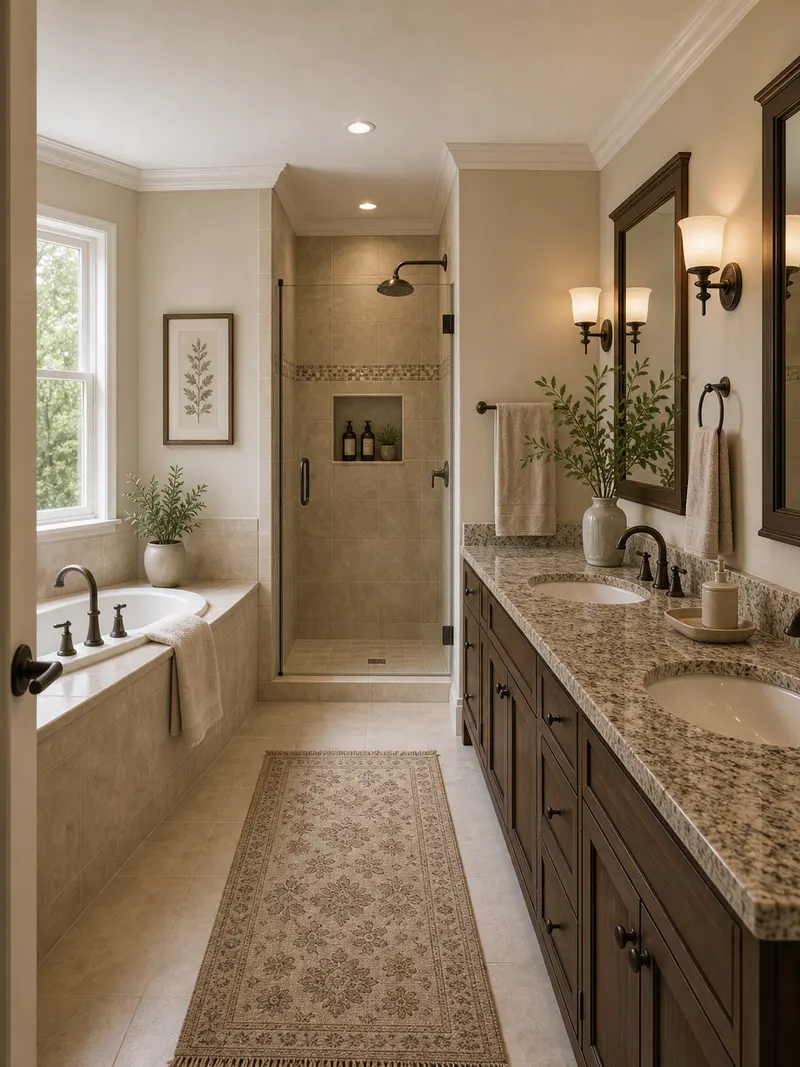 Traditional master bathroom with alcove shower and granite double vanity