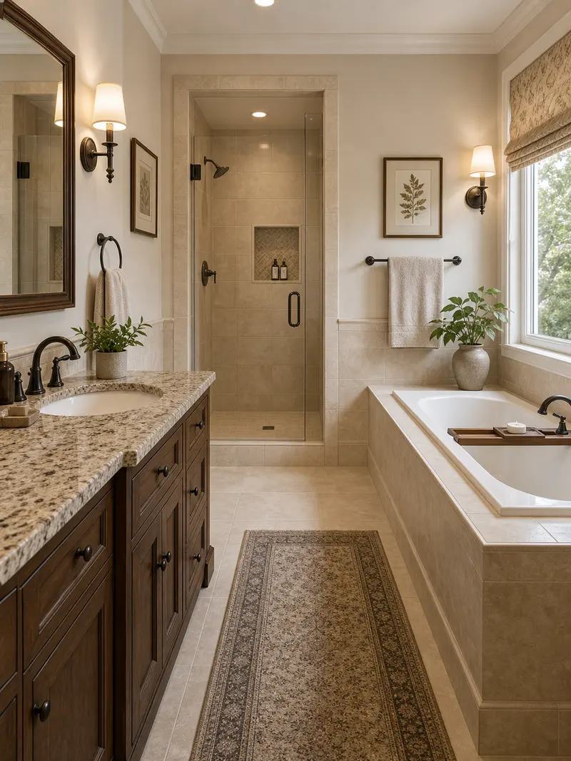 Traditional large bathroom with beige tile and granite vanity
