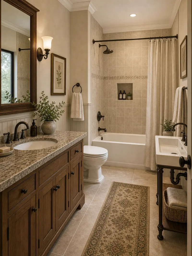 Traditional bathroom decor with beige tile and granite console sink