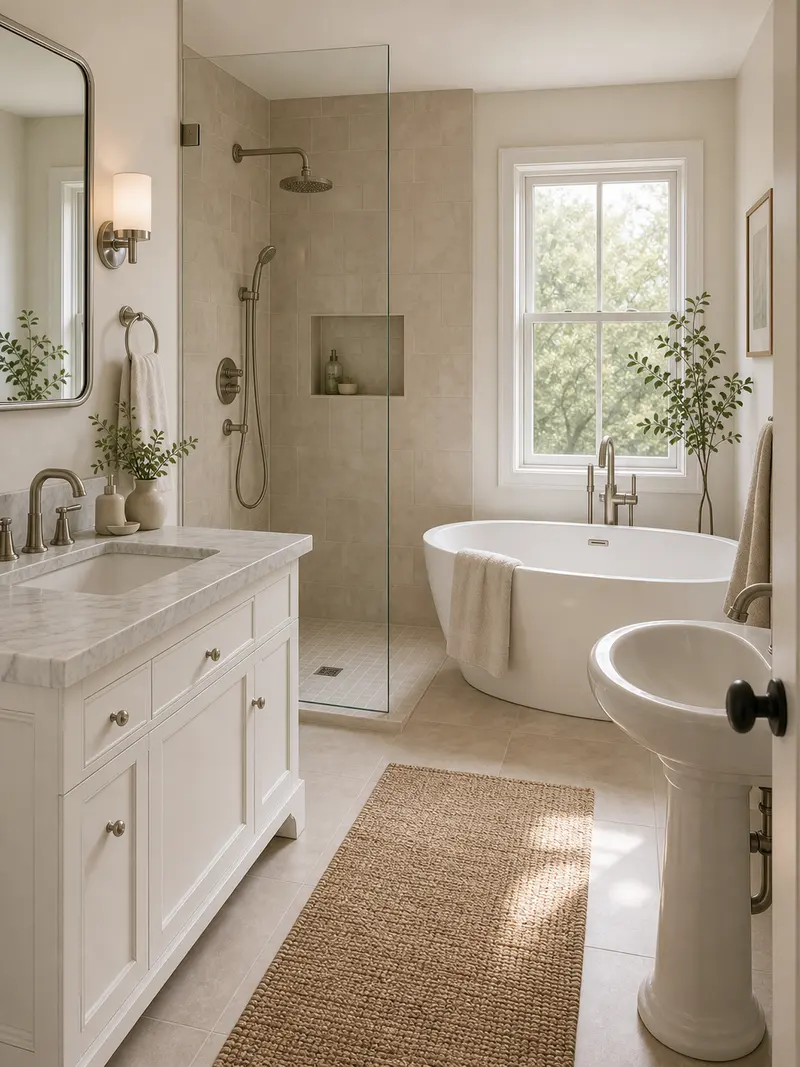 Transitional compact bathroom with open shower and freestanding tub