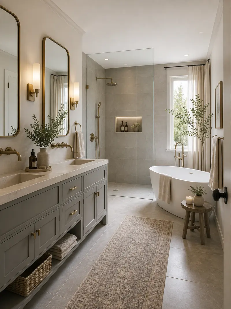 Large transitional master bathroom with curbless shower and gray vanity