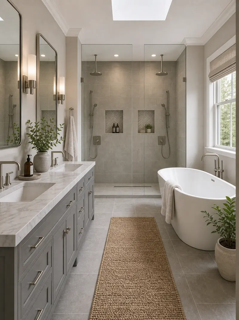 Modern transitional bathroom with double shower and gray vanity