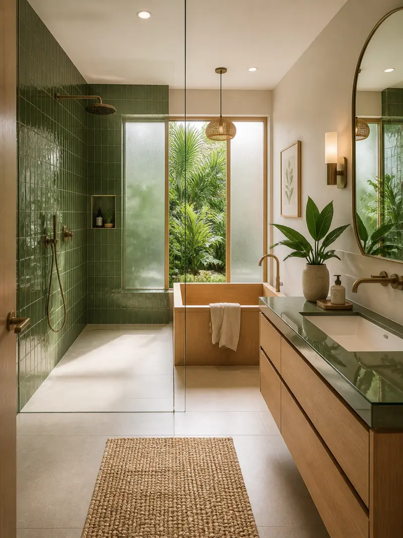Tropical bathroom with green curbless shower tile and wood vanity