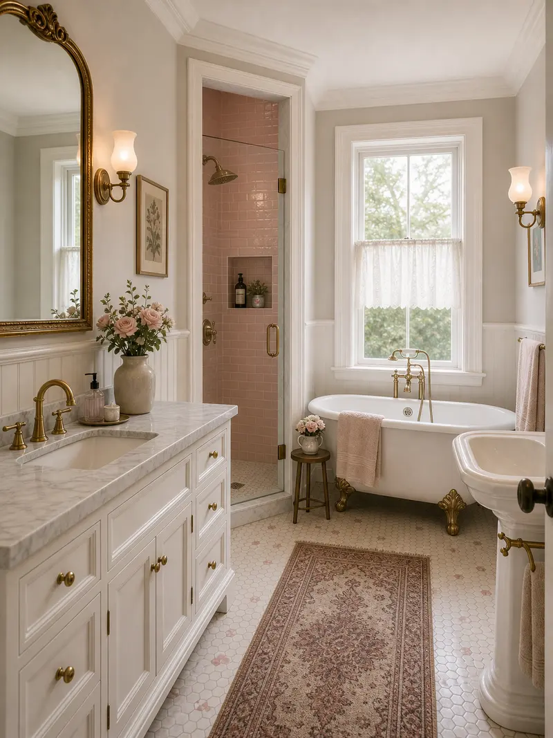 Victorian master bathroom with pink tile and claw-foot tub