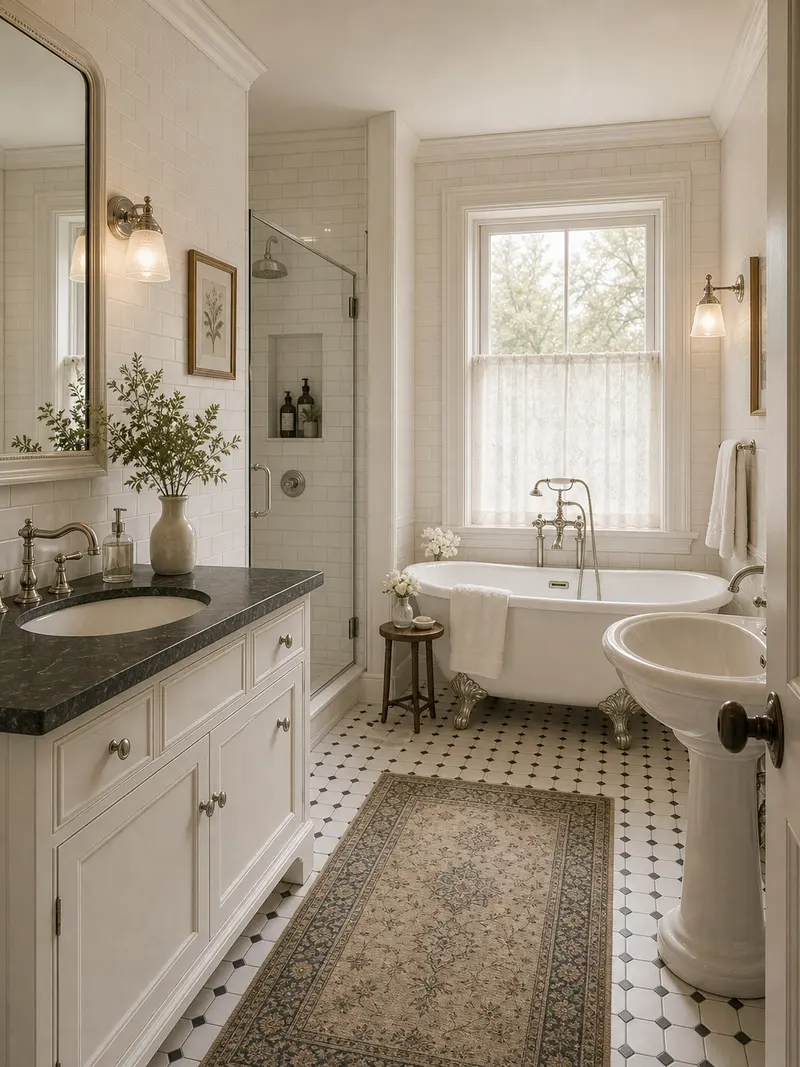 Victorian bathroom with white tile and claw-foot tub